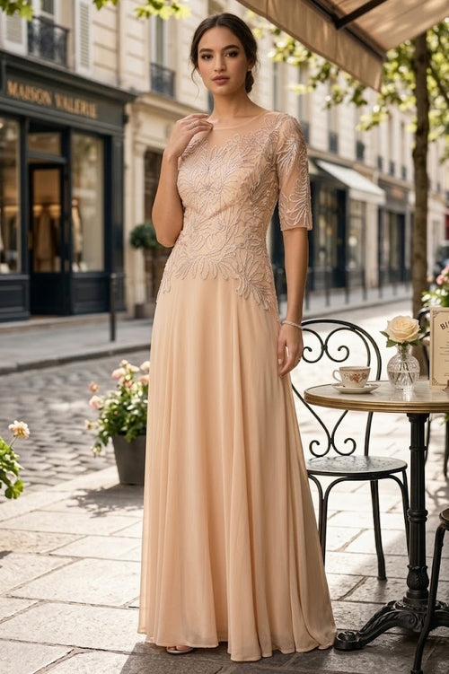 Women’s Long Embellished Formal Dress with Sheer Sleeves and Beaded Lace Bodice By Eva USA 5222