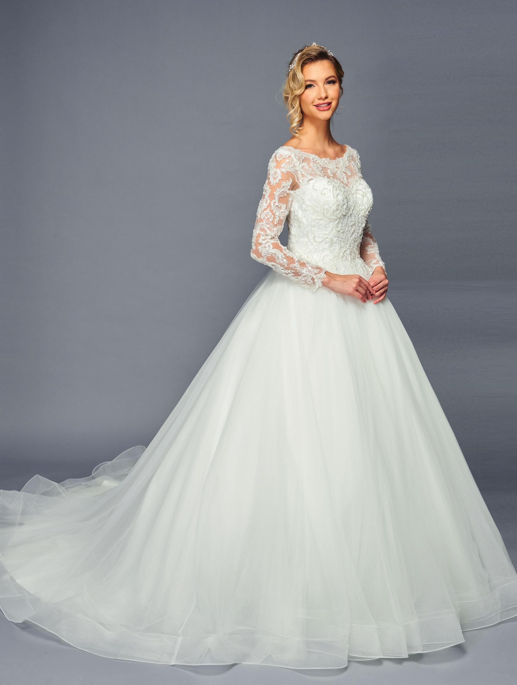 DeKlaire 471 Long Sleeve Ballgown Wedding Dress Boat Neck & Chapel Train Ivory / XL DeKlaire 471 Long Sleeve Ballgown Wedding Dress Boat Neck & Chapel Train Ivory / XL