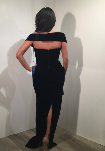 Off Shoulder Stretch Gown with Sheer Back Panel & Back Slit Formal Evening Dress by Jovani 47104