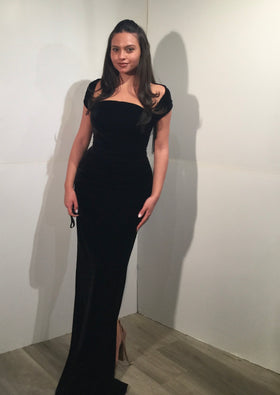 Off Shoulder Stretch Gown with Sheer Back Panel & Back Slit Formal Evening Dress by Jovani 47104