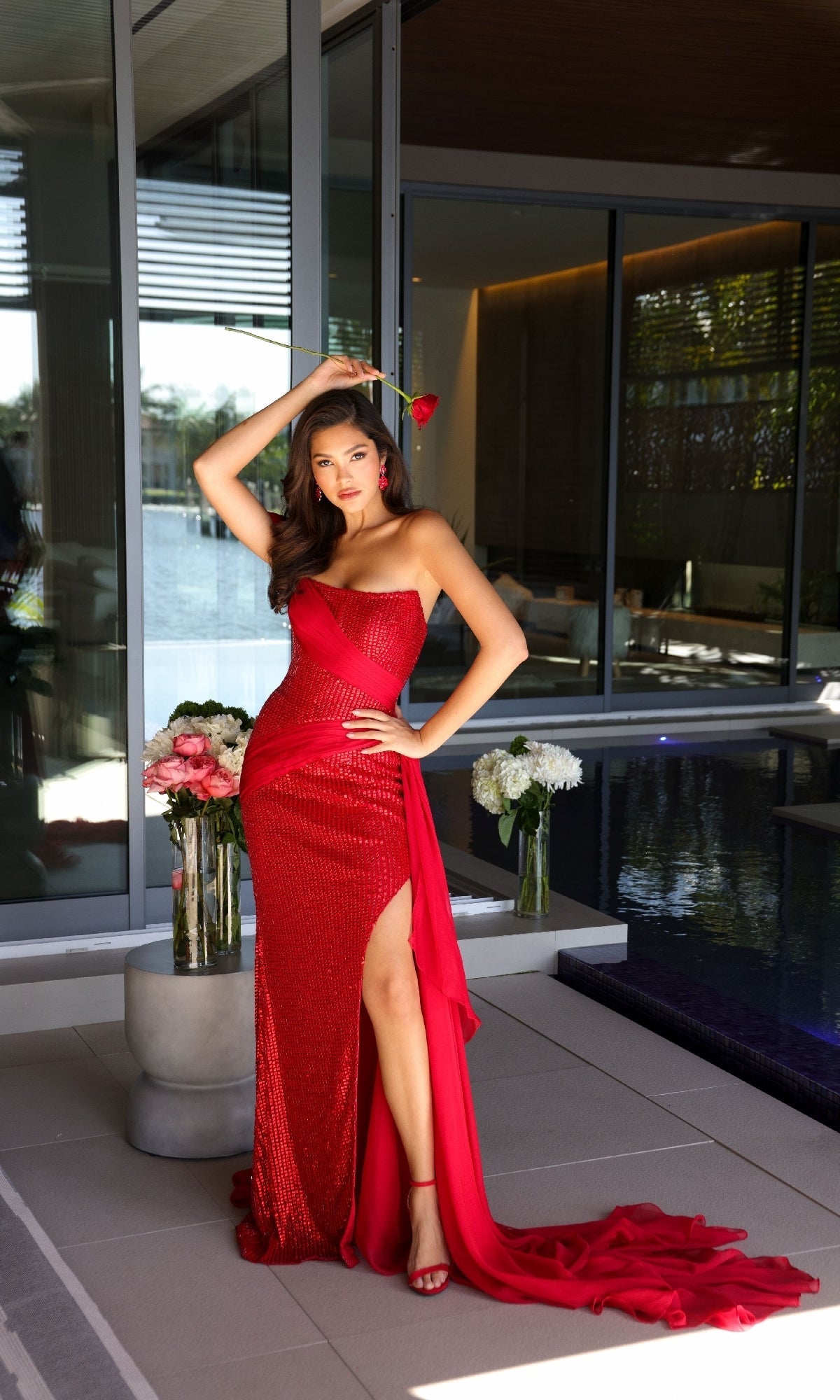 Ava Presley 47124 Fitted One-Shoulder Slit Sequined Prom Chiffon Dress