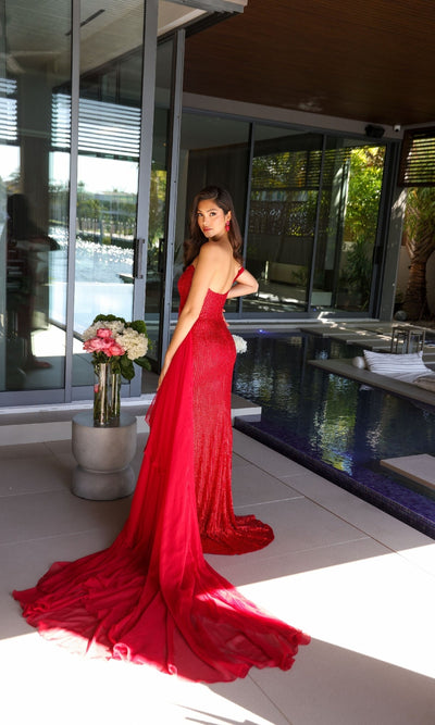 Ava Presley 47124 Fitted One-Shoulder Slit Sequined Prom Chiffon Dress
