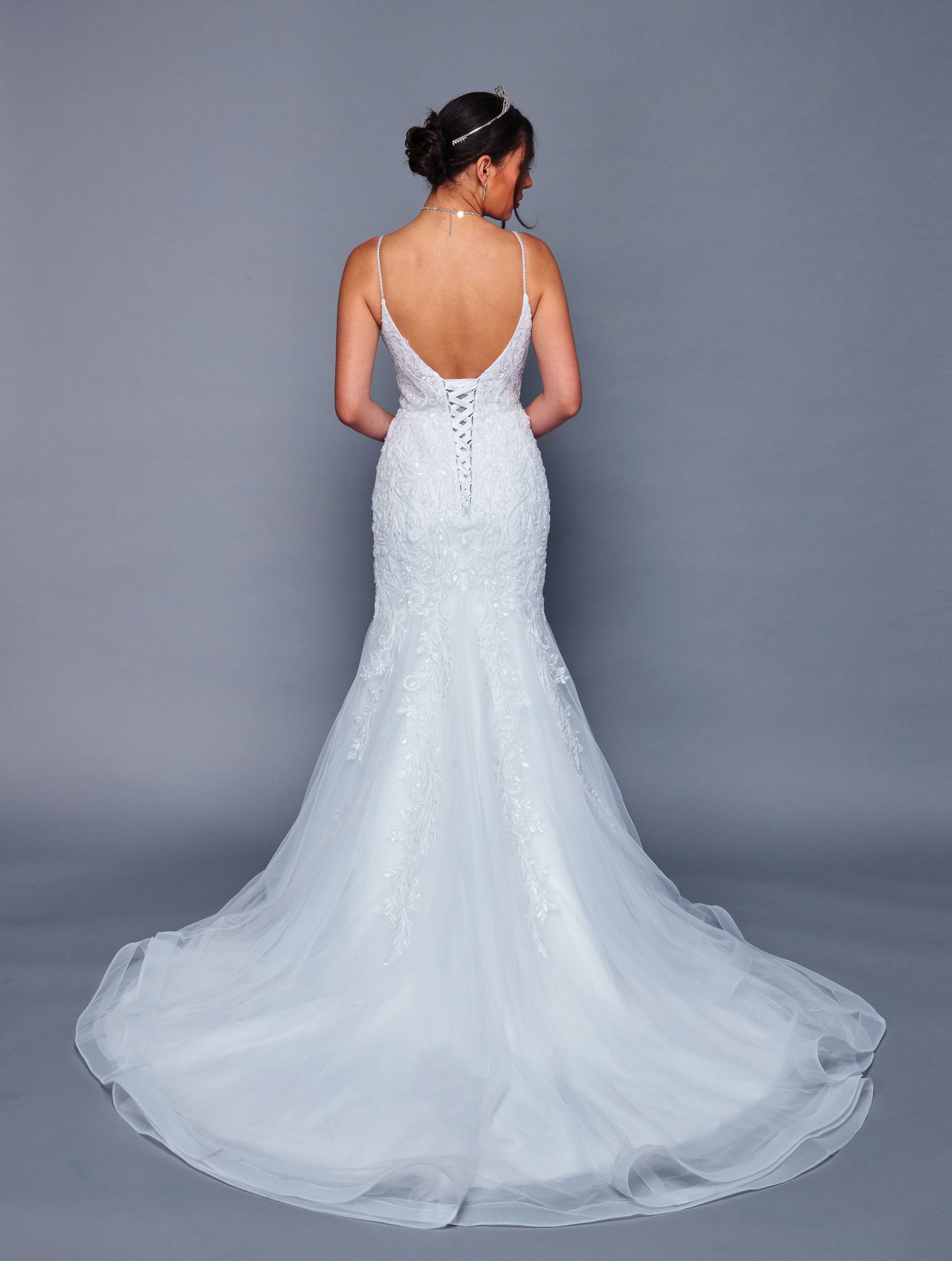 DeKlaire Bridal 472 Spaghetti Straps V-Neckline Mermaid Court Train Wedding Dress