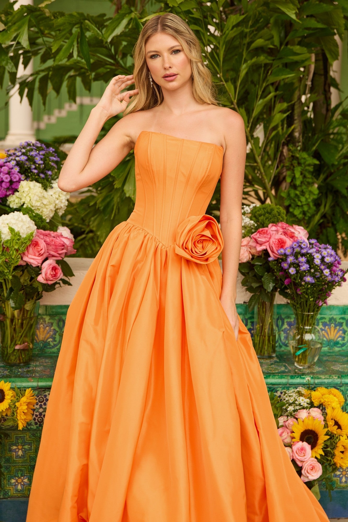 Ava Presley 47204 Elegant Strapless Appliqué Back Zipper Slit Taffeta Dress