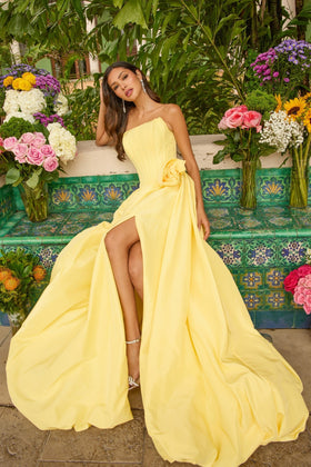 Ava Presley 47204 Elegant Strapless Appliqué Back Zipper Slit Taffeta Dress