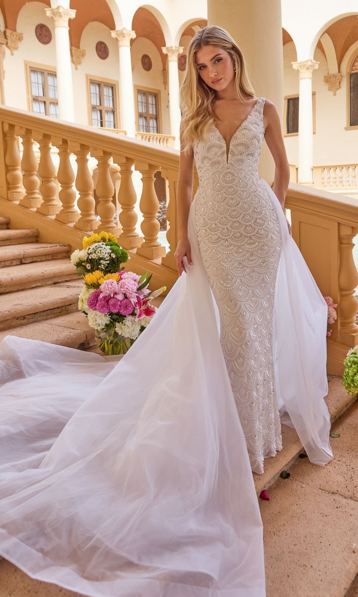 Ava Presley 47224 Long Overskirt Plunging Neckline Couture Open Back Evening Tulle Dress