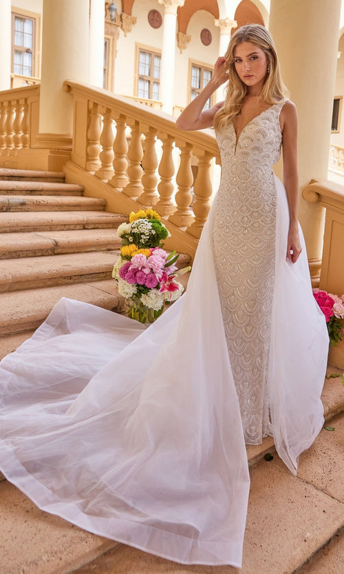 Ava Presley 47224 Long Overskirt Plunging Neckline Couture Open Back Evening Tulle Dress