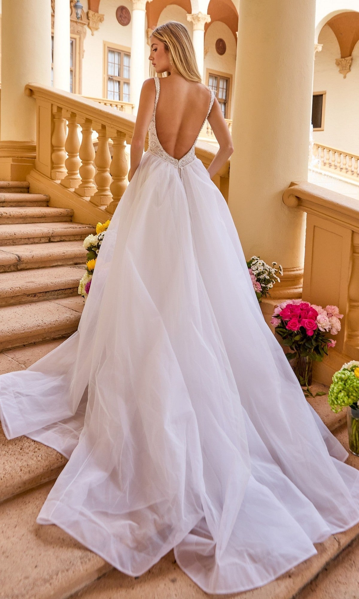 Ava Presley 47224 Long Overskirt Plunging Neckline Couture Open Back Evening Tulle Dress