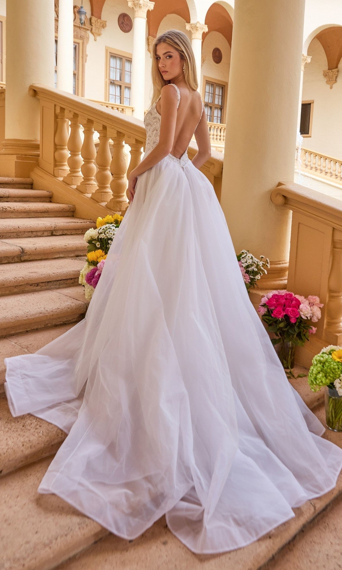 Ava Presley 47224 Long Overskirt Plunging Neckline Couture Open Back Evening Tulle Dress