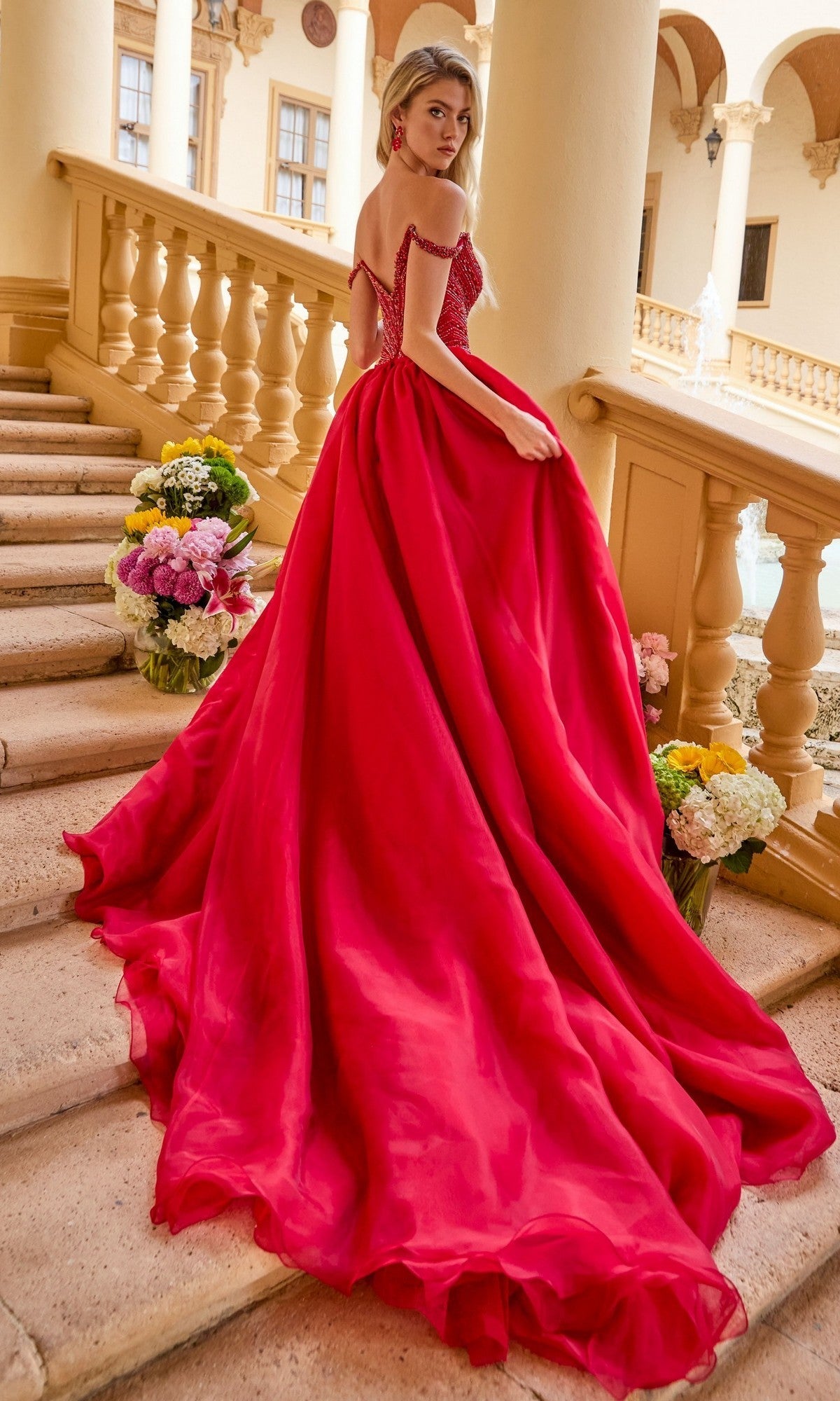 Ava Presley 47253 Long Off-Shoulder Overskirt Beaded Designer Slit Organza Dress