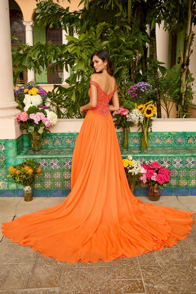 Ava Presley 47254 Long A-Line Off-Shoulder Beaded Slit Train Prom Chiffon Dress