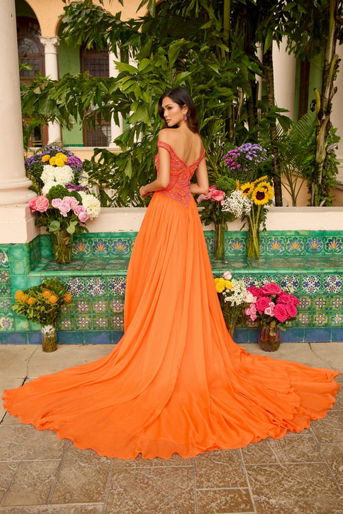 Ava Presley 47254 Long A-Line Off-Shoulder Beaded Slit Train Prom Chiffon Dress