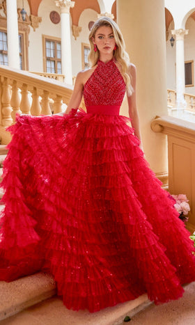 Ava Presley 47258 Beaded Halter Prom Ball Gown with Full Tiered Ruffle Skirt