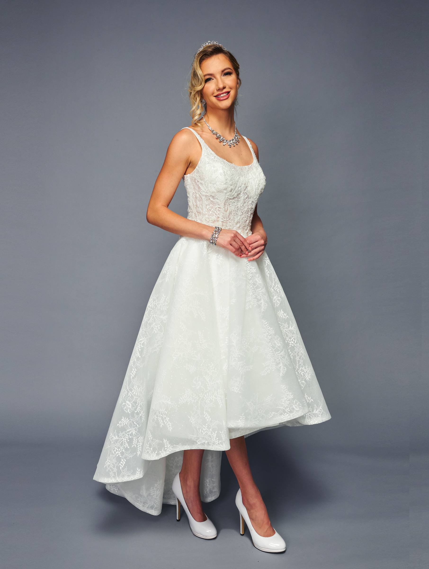 high low bridal dress DeKlaire 473 High-Low Wedding Dress – Sleeveless A-Line Gown Ivory / L