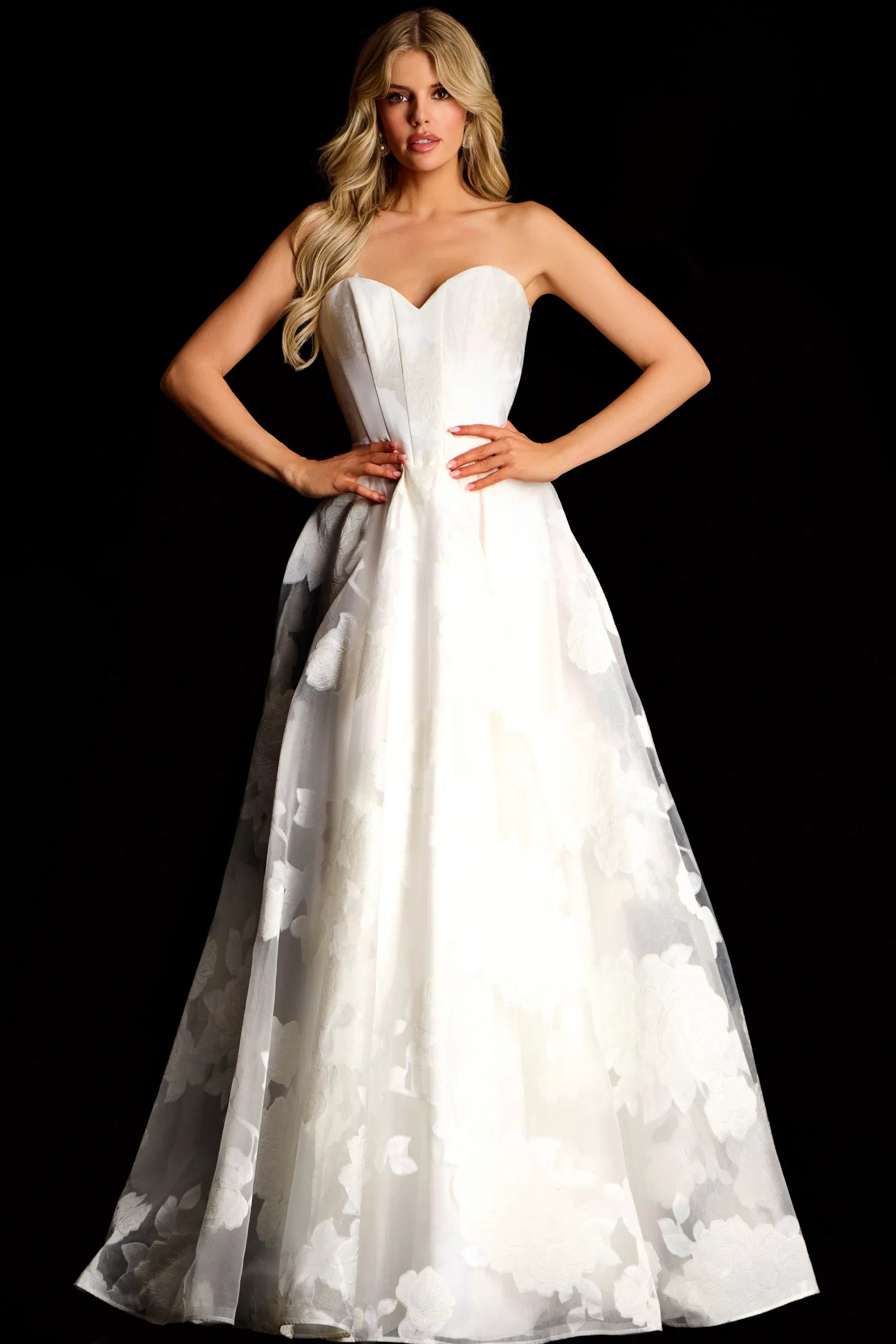 Strapless Floral Organza A-line Gown with Corset Bodice Sweetheart Formal Prom Dress by Jovani 47327