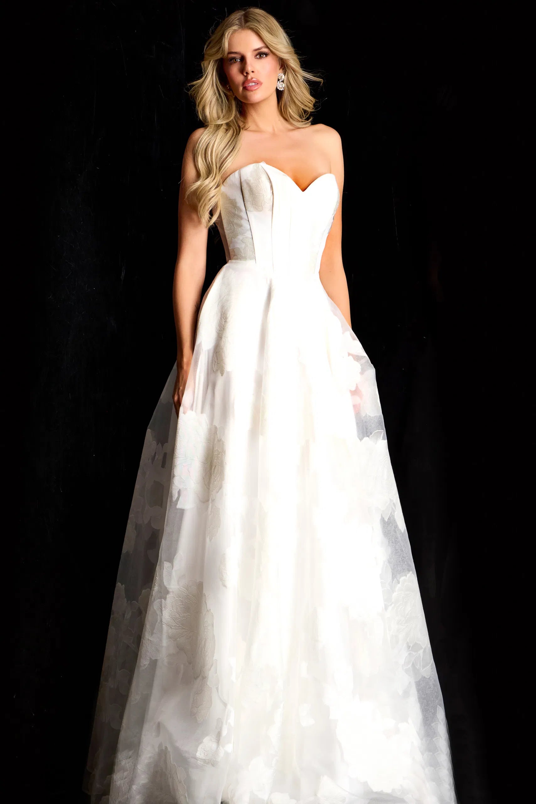 Strapless Floral Organza A-line Gown with Corset Bodice Sweetheart Formal Prom Dress by Jovani 47327
