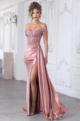 Off Shoulder Satin Evening Gown with Lace Corset Bodice High Slit & Lace-Up Back by Lenovia 8360