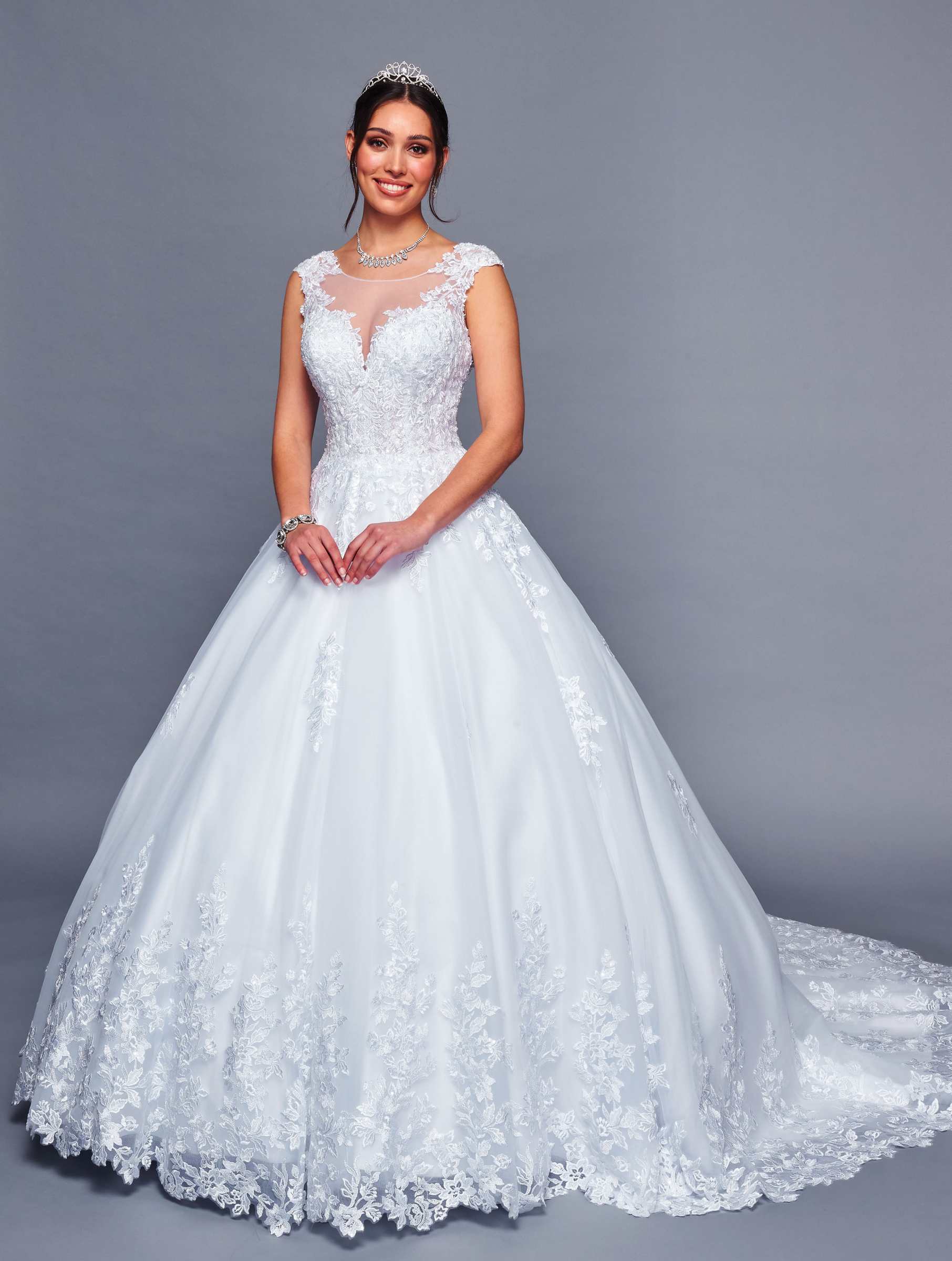 a line cap sleeve wedding dress DeKlaire 474 A-Line Wedding Dress – Illusion Boat Neck & Cap Sleeves White / S