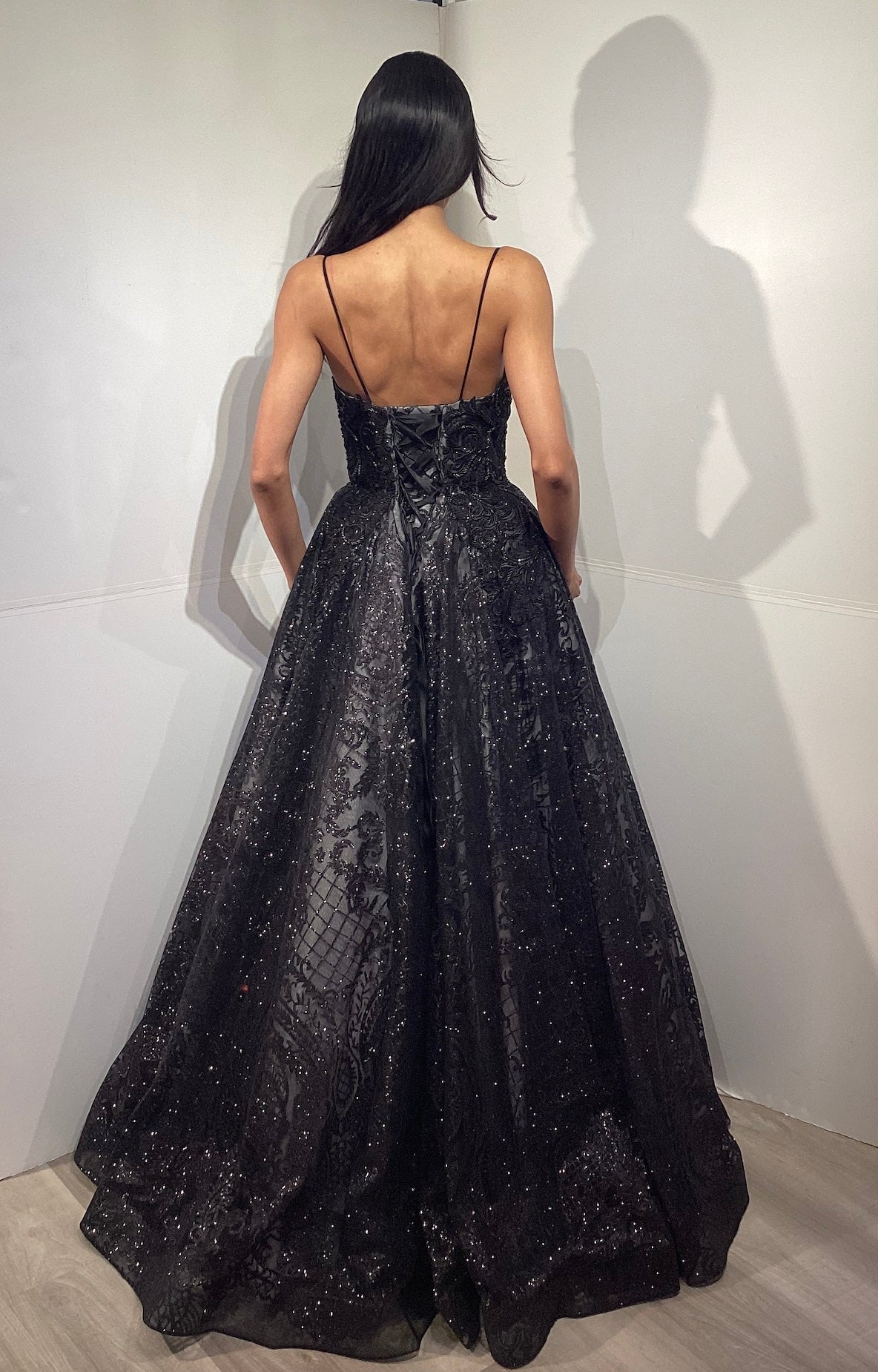 Lace A-Line Evening Dress with Deep V-Neckline & Corset Back Elegant Formal Gown by Jovani 47402