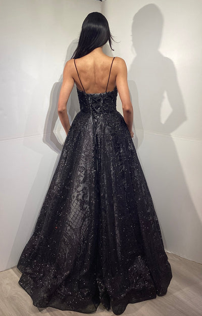 Lace A-Line Evening Dress with Deep V-Neckline & Corset Back Elegant Formal Gown by Jovani 47402