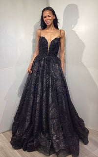 Lace A-Line Evening Dress with Deep V-Neckline & Corset Back Elegant Formal Gown by Jovani 47402