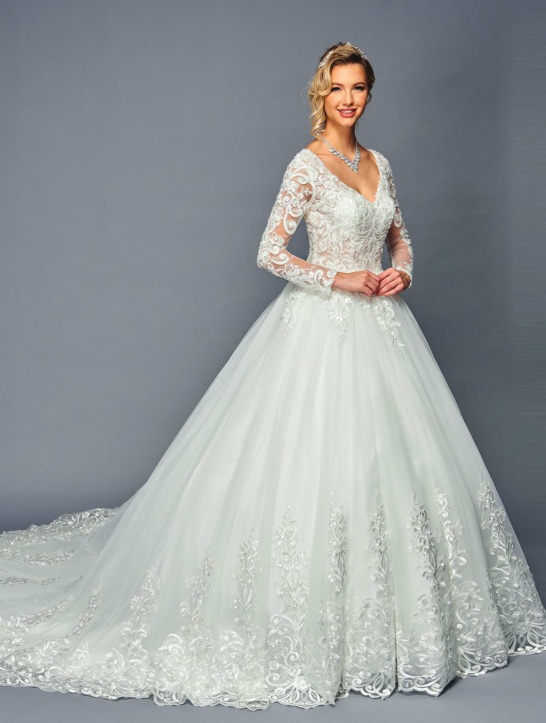 DeKlaire 476 Long Sleeve A-Line Wedding Ballgown – V-Neck Floor-Length Gown