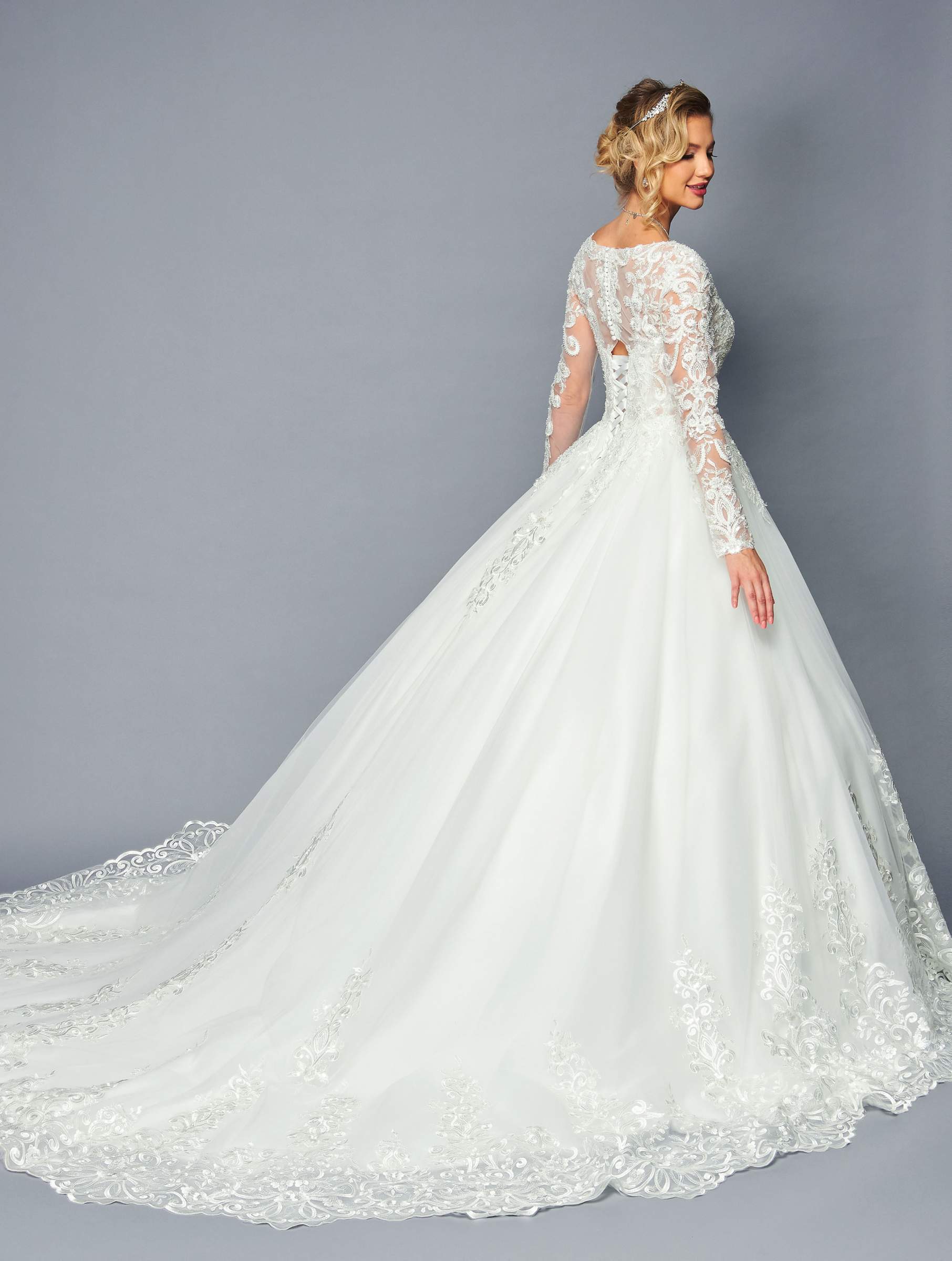 DeKlaire Bridal 476 Floor Length Long Sleeve A-Line V-Neck Wedding Ballgown