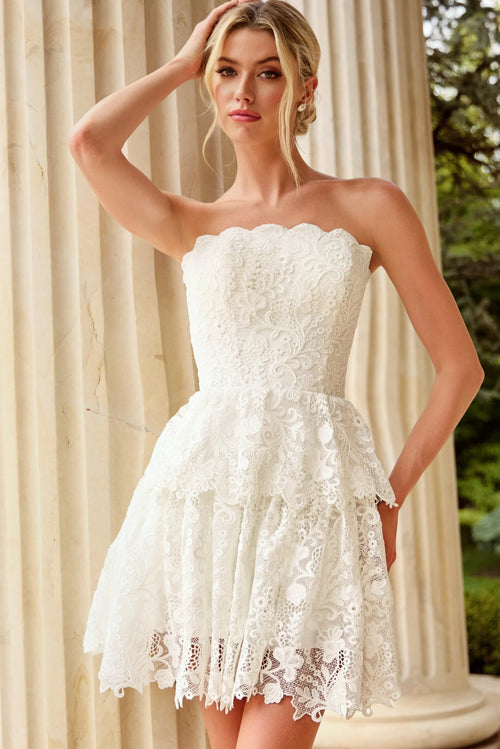 Lace Short Wedding Dress Sweetheart Neckline Bridal Mini Dress with Scalloped Hem by Jovani 47663