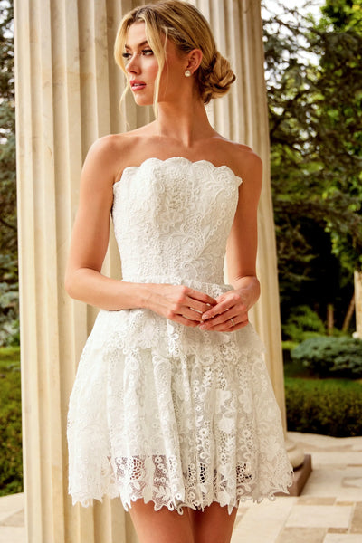 Lace Short Wedding Dress Sweetheart Neckline Bridal Mini Dress with Scalloped Hem by Jovani 47663