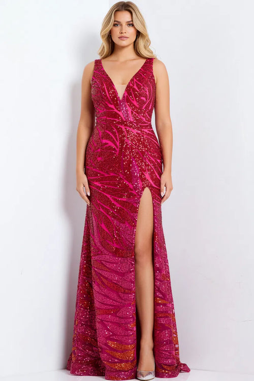 Sequin Gown with Plunging V-Neck Open Back & High Slit Floor Length Formal Dress by Jovani 47682