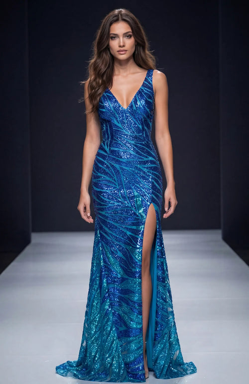 Sequin Gown with Plunging V-Neck Open Back & High Slit Floor Length Formal Dress by Jovani 47682