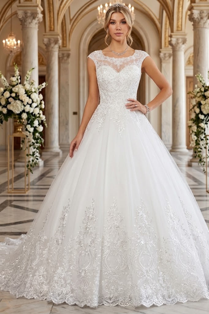 DeKlaire 456 Scoop Neck A-Line Wedding Dress – Cap Sleeves & Chapel Train