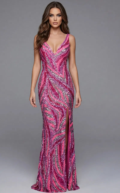 Sequin Cut-Out Evening Gown with Plunging V-Neck Open Back & High Slit Prom Dress by Jovani 47793