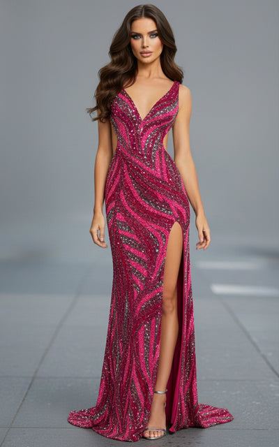 Sequin Cut-Out Evening Gown with Plunging V-Neck Open Back & High Slit Prom Dress by Jovani 47793
