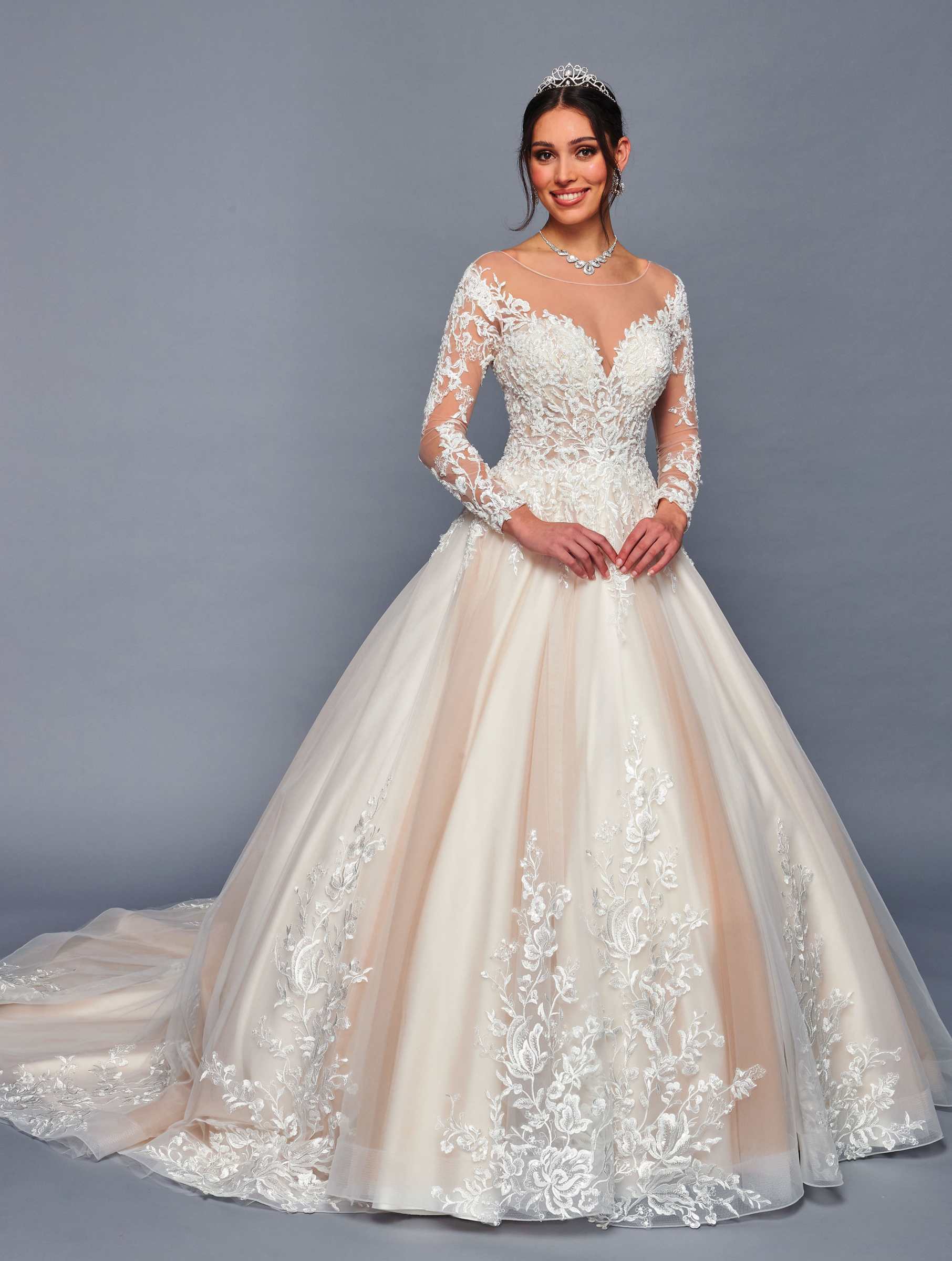 DeKlaire 478 Illusion Boat Neck Wedding Gown with Long Sleeves Lace Appliqué Champagne XS