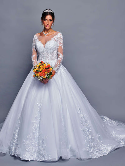 DeKlaire 478 Illusion Boat Neck Wedding Gown with Long Sleeves & Lace Appliqué