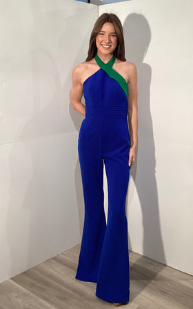 Halter Neck Jumpsuit with Cross Strap Bodice & Flared Pants Formal Wear by Jovani 47857