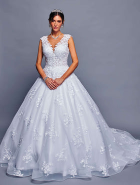DeKlaire 480 A-Line Wedding Ball Gown with Illusion V-Neck & Cap Sleeves