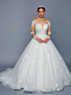 DeKlaire 481 Illusion Boat Neck Wedding Ball Gown with Sheer Long Sleeves