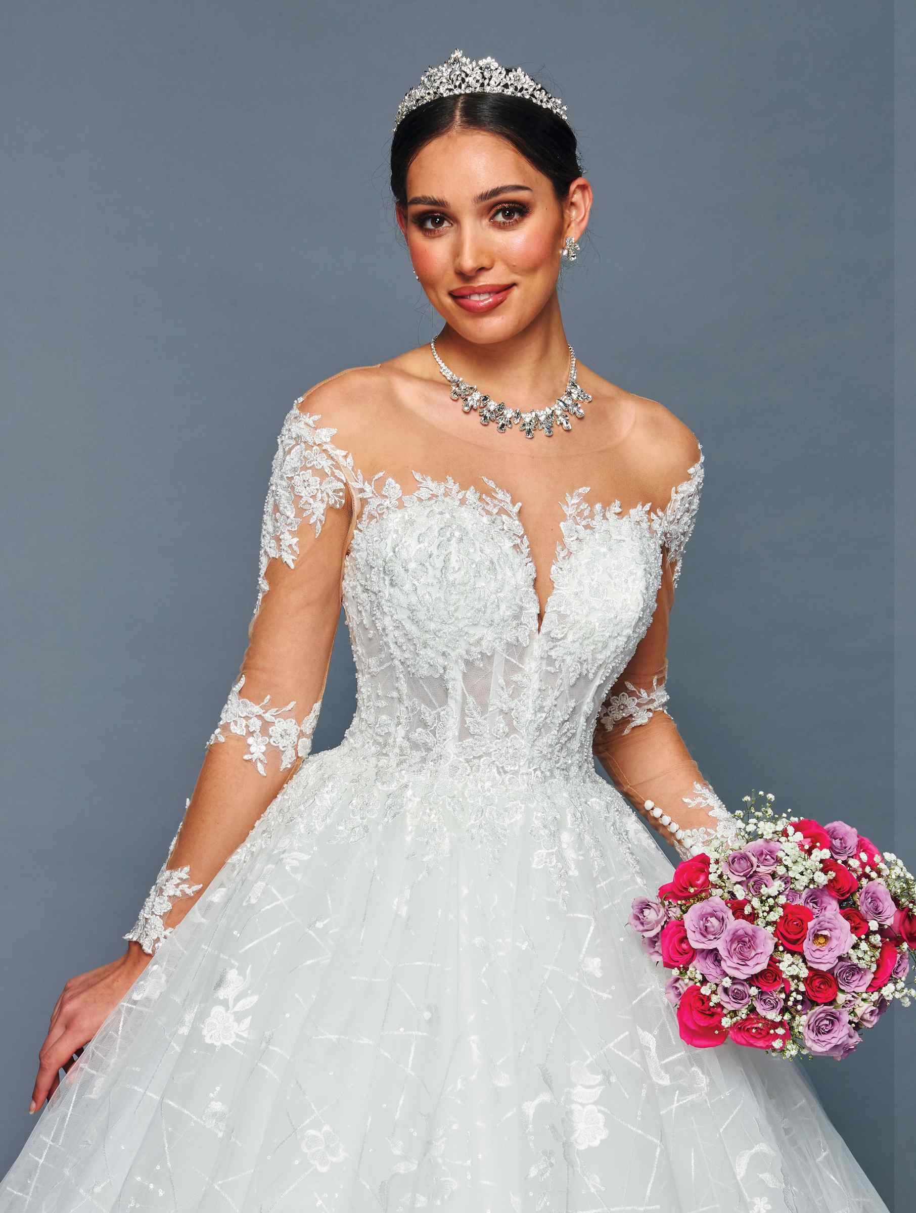 DeKlaire Bridal 481 Illusion Boat Neck Sheer Long Sleeve Wedding Ball Gown
