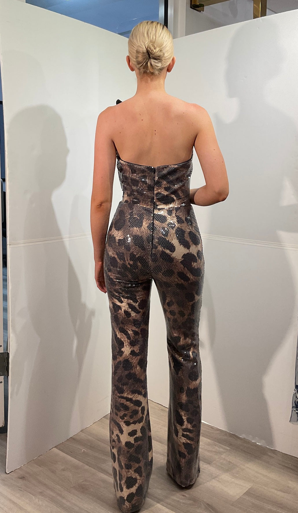 Strapless Allover Sequin Animal Print Fitted Asymmetric Jumpsuit by Jovani 48243