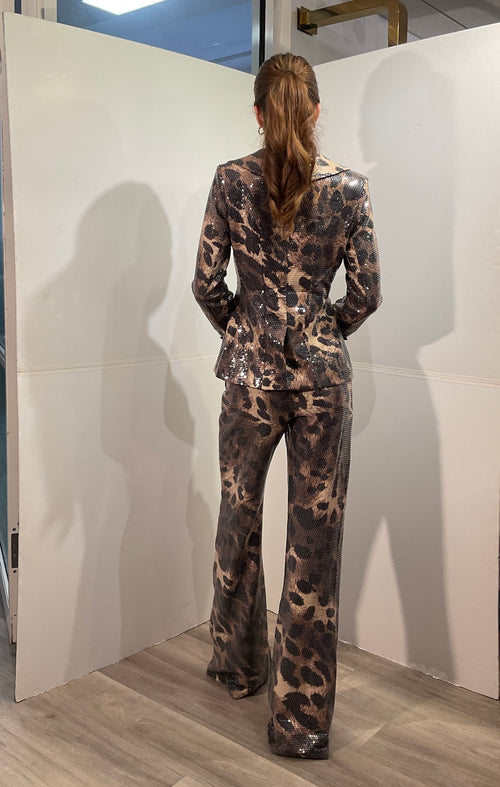 Plunging V-Neck Long Sleeve Allover Sequin Animal Print Two-Piece Pantsuit Formal by Jovani 48244