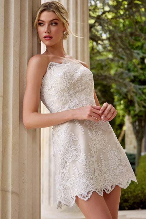 Lace Strapless Short Wedding Dress with Scalloped Hem Bridal Rehearsal & Engagement Dress by Jovani 48451