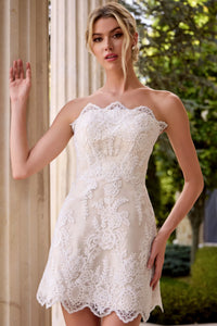 Lace Strapless Short Wedding Dress with Scalloped Hem Bridal Rehearsal & Engagement Dress by Jovani 48451