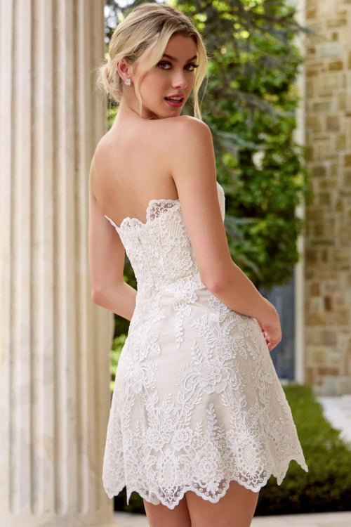 Lace Strapless Short Wedding Dress with Scalloped Hem Bridal Rehearsal & Engagement Dress by Jovani 48451