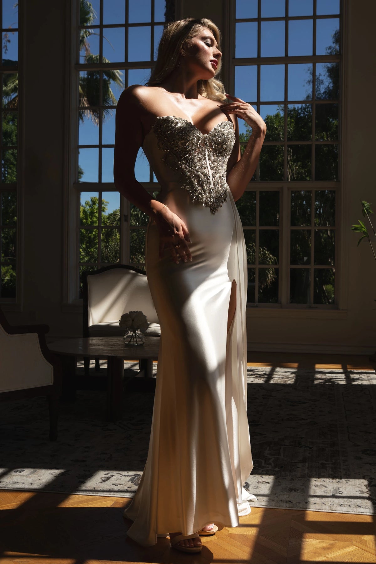 Strapless Beaded Corset Mermaid Wedding Dress Satin Bridal Gown with Side Slit by Lenovia 8511