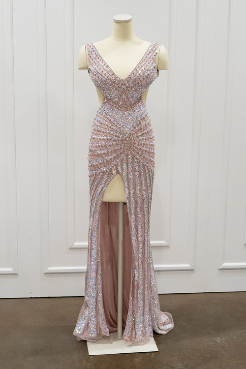 Sleeveless V-Neck Stripe Beaded Side Cutout Open Back Fitted Dress by Portia & Scarlett PS25453C
