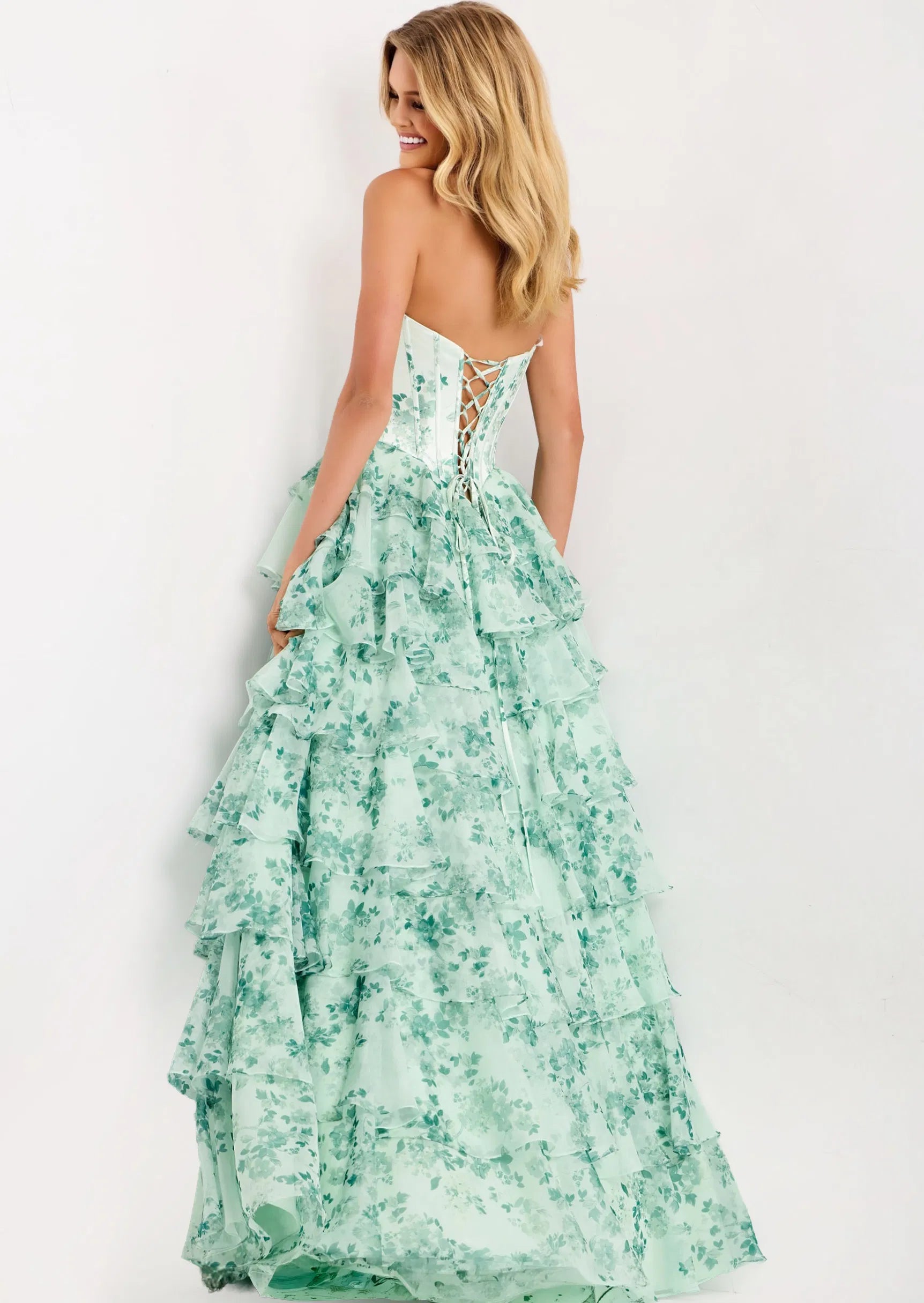 Floral Strapless Corset Prom Dress with Tiered Ruffle Skirt High Slit & Lace-Up Back by Jovani 48772