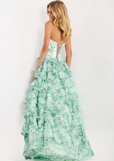 Floral Strapless Corset Prom Dress with Tiered Ruffle Skirt High Slit & Lace-Up Back by Jovani 48772