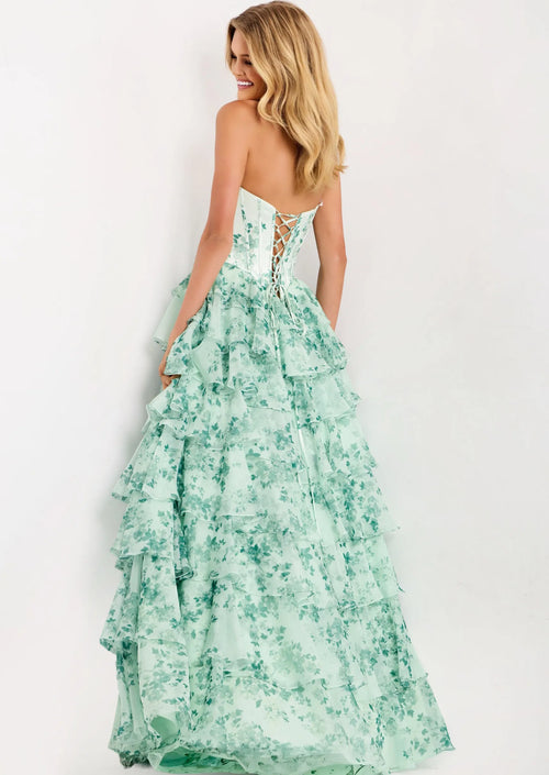 Floral Strapless Corset Prom Dress with Tiered Ruffle Skirt High Slit & Lace-Up Back by Jovani 48772